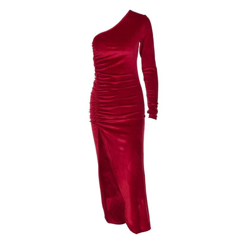 Frauen Elegante Langarm Party Abend Samt Bodycon Split Bleistift Midi Kleid 2024 Frühling Herbst Kleidung