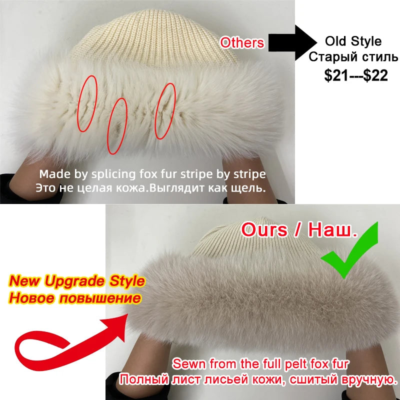 New Stylish Beanie Hats for Women Winter Warm Fluffy Bone Cap Soft Outdoor Thick Natural Fox Fur Hat Female Dome Hats