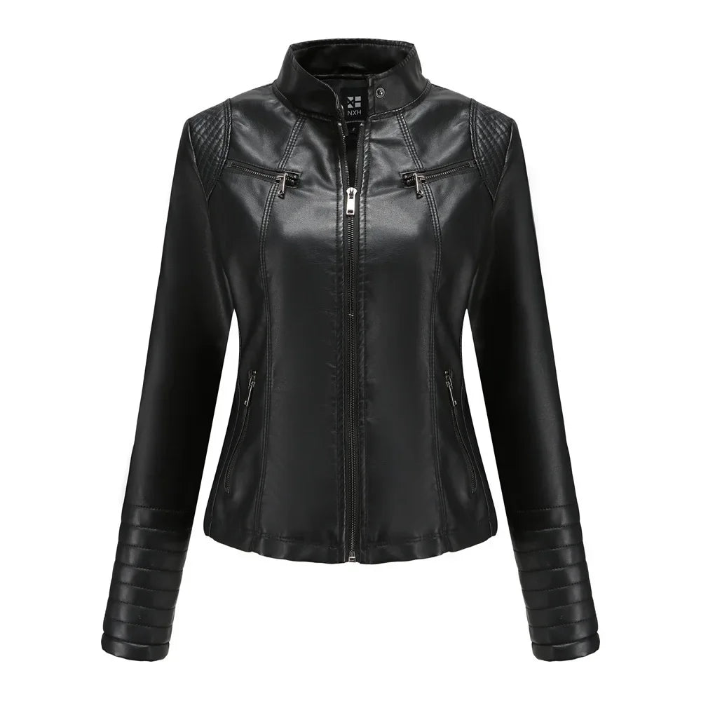 Neue 20-Damen-Lederjacke, dünn, Motorrad-Stil, kurze modische Damenjacke, Stehkragen, volle Ärmel, aus dem Festland China