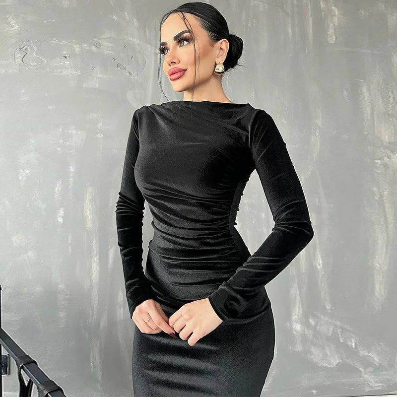 2024 frühling Sommer Samt Langarm Midi Kleid Für Frauen Geraffte Lange Kleid Elegante Party Kleidung Abend Grün Outfits