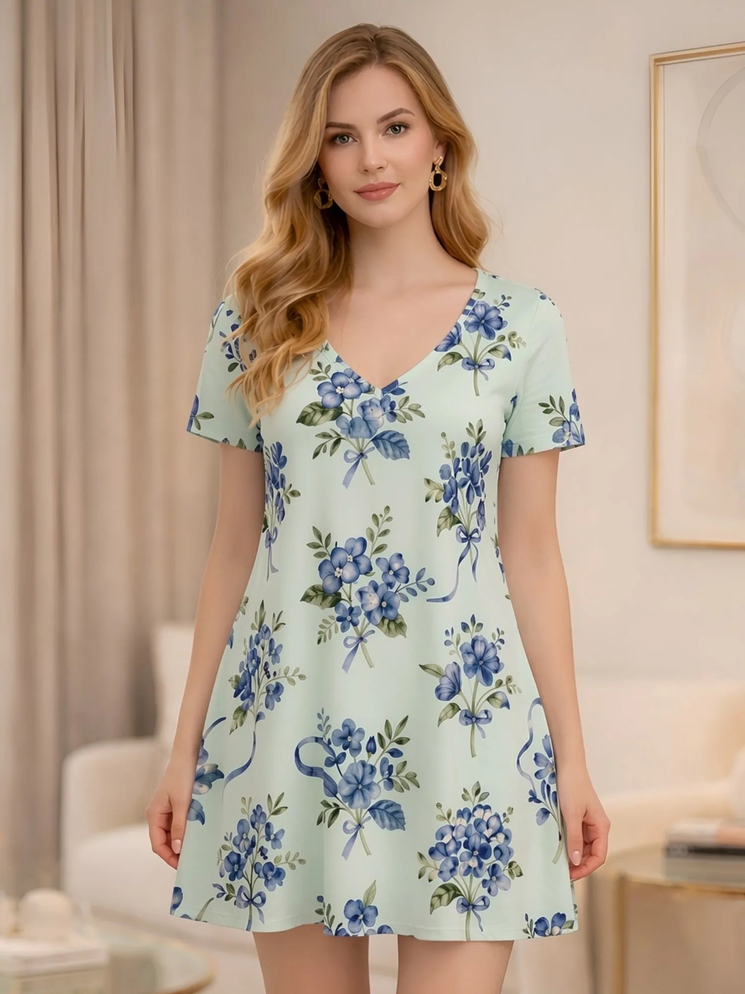 Damen-Kleid mit V-Ausschnitt, kurzen Ärmeln und Blumenmuster, Skater-Kleid für den Alltag, lässiges Outfit, schön, für den Alltag, feminin, anmutig, entspannt, leicht zu tragen, süß, Café