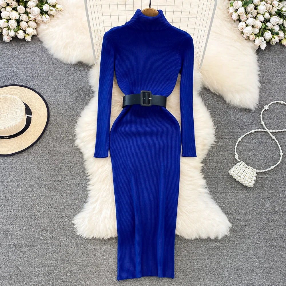 REALEFT Herbst Winter 2025, neue Rollkragen frauen Gestrickte Kleider mit Gürtel Langarm Elegante Bodycon Wrap Kleid Weibliche