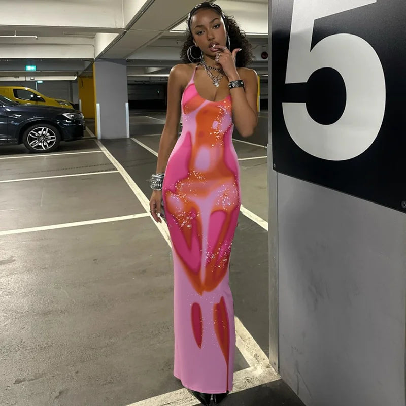 Hugcitar 2025 Frühling Halter Print Halter-Backless Verband Gürtel Sexy Bodycon Maxi Kleid Frauen Mode Outfits Streetwear Festival