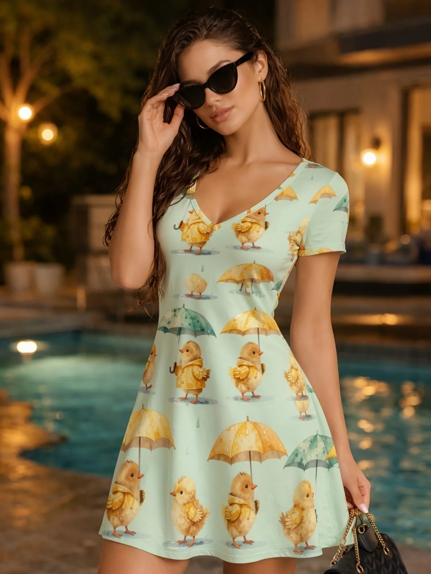 Damenkleid mit V-Ausschnitt und kurzen Ärmeln, Blumenmuster, lässiges Sommer-Outfit für Urlaub, Brunch, Freizeit, Wochenende, Alltag, Café, Party