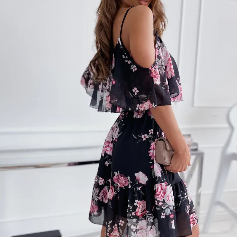 Sexy Off Schulter Floral Chiffon Mini Frauen Kleid 2022 Sommer Kurzarm Casual Weiß Rüschen Kleider Für Frauen Robe Femme