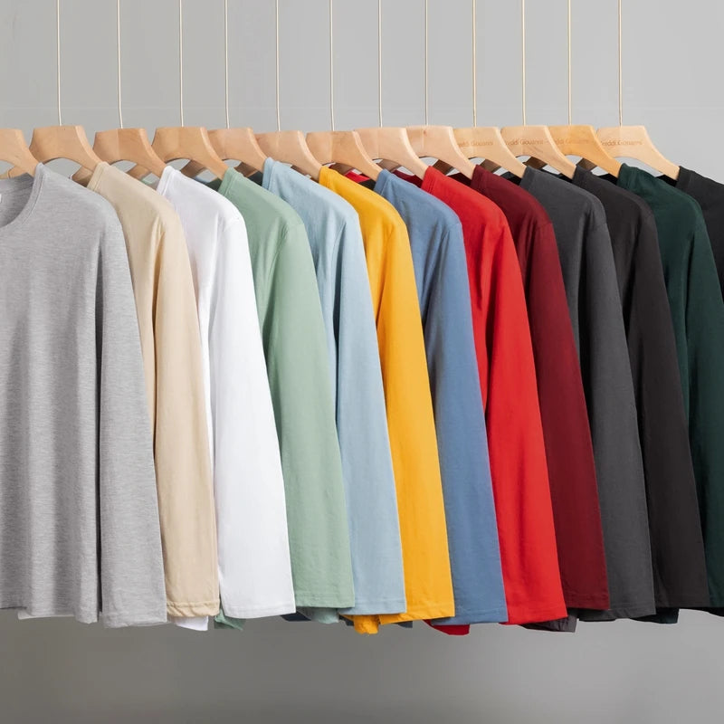 Herren-T-Shirt, einfarbig, Rundhalsausschnitt, Baumwolle, langärmelig, Sommer, bequem