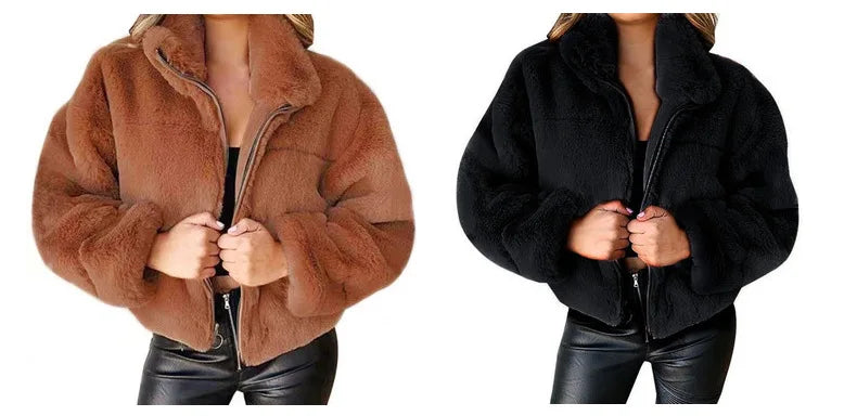 2025, Winter frauen Warme Jacke Zipper Strickjacke Faux Pelz Mode Langarm Stehen Kragen Plüsch Mantel für Weibliche