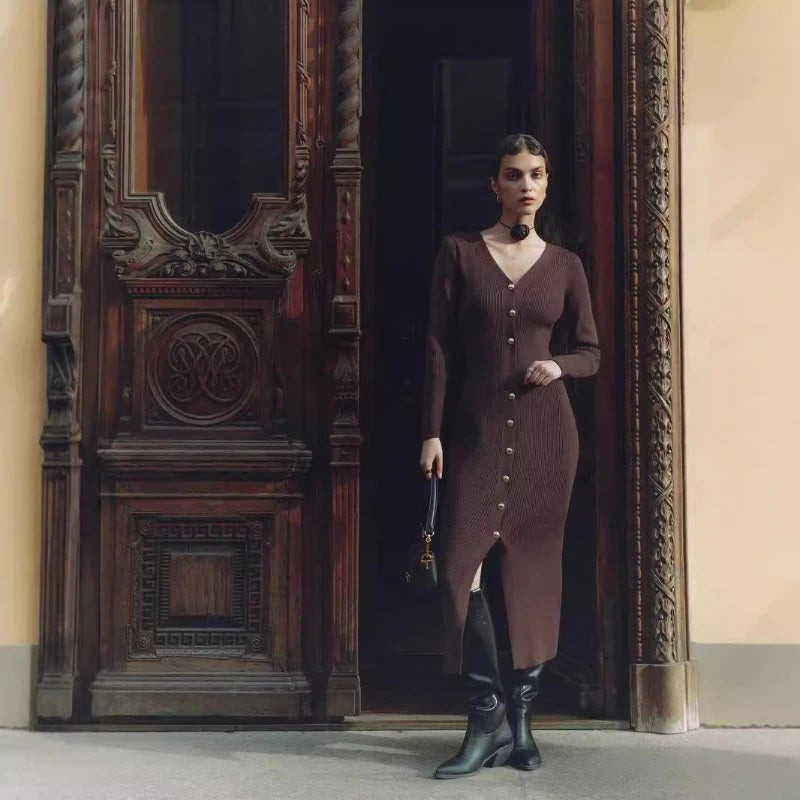Trendix Elegantes Abendkleid für Damen, V-Ausschnitt, lange Ärmel, Patchwork, Knopf, Schlitz, Pullover, Kleider, 2024, Herbst und Winter, gestricktes Maxikleid