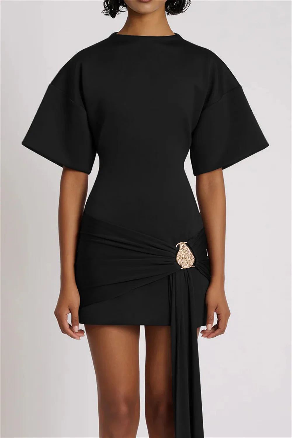 Apprabant Women Buckle Ruched Ribbon Mini Dress O-Neck Metal Short Sleeve Solid Color Silm Bodycon Short Dress Casual Partywear
