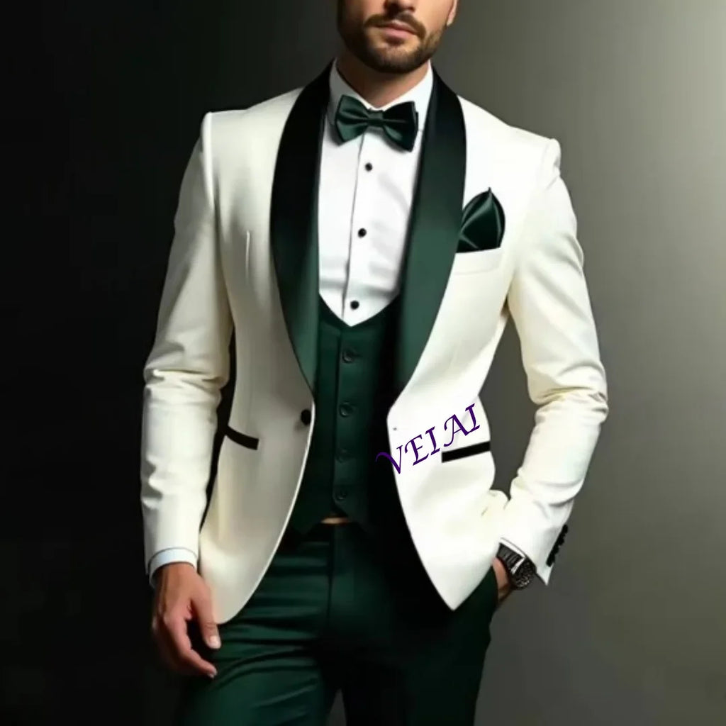 Angepasst Neue Weiß Und Grün Formale Business Männer Anzug Bräutigam Trauzeuge Hochzeit Party Prom Männlichen Smoking 3-teiliges Set Blazer Weste P
