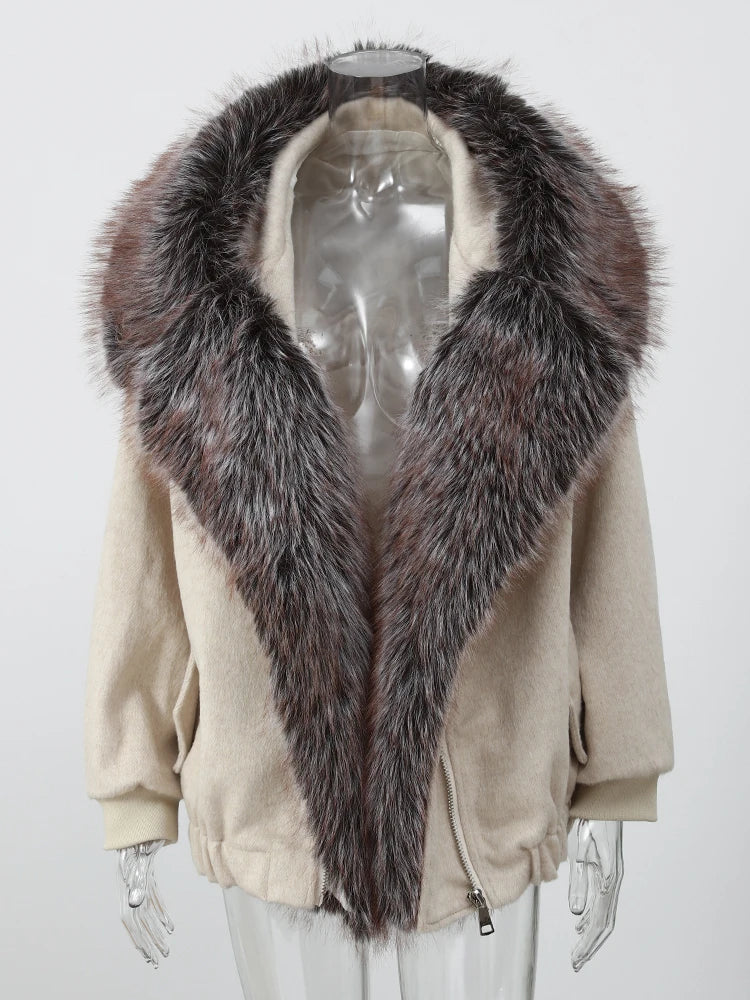 Gefärbter Pelzkragen, kurze Wolljacke für Damen, modisch, Revers, volle Ärmel, einreihig, Patchwork, lose Jacken, 2025, Winter-Outwear