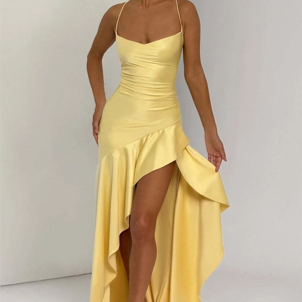 Sommer Kleider Für Frau Sexy Vestidos Schlank Backless Elegante Abendkleid Schlitz Einfarbig Spaghetti Strap Leace-up Temperament