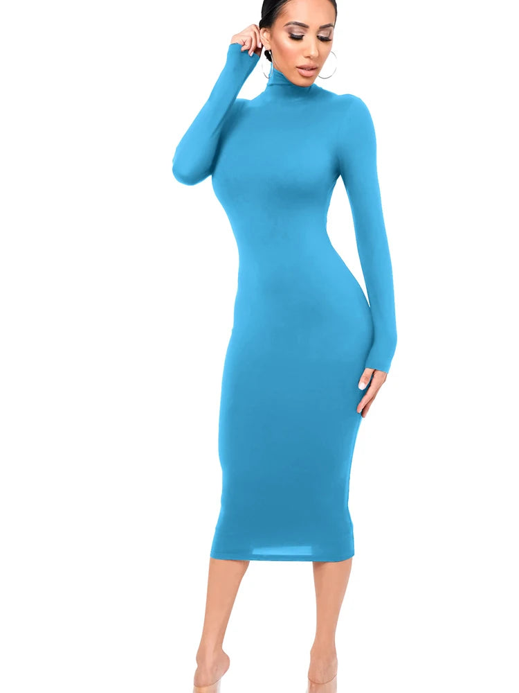 Winter Schwarz Rollkragen Sexy Frauen Kleid Herbst Langarm Dünne Midi Boydcon Casual Blau Plüsch Knie-Länge Party
