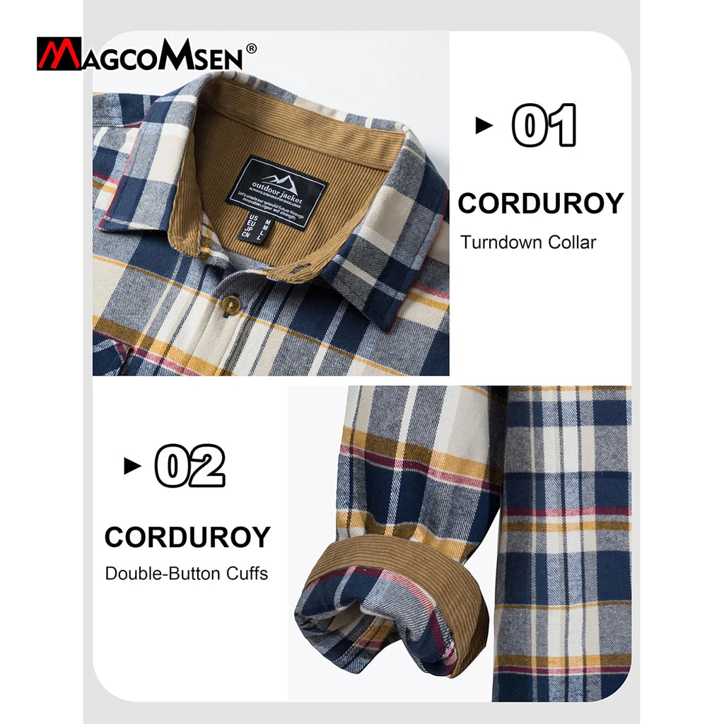 MAGCOMSEN Flanellhemden für Herren, langärmelig, Baumwolle, langärmelig, kariertes Hemd mit 2 Taschen, Knopfleiste, lässiges Cordhemd für Herren