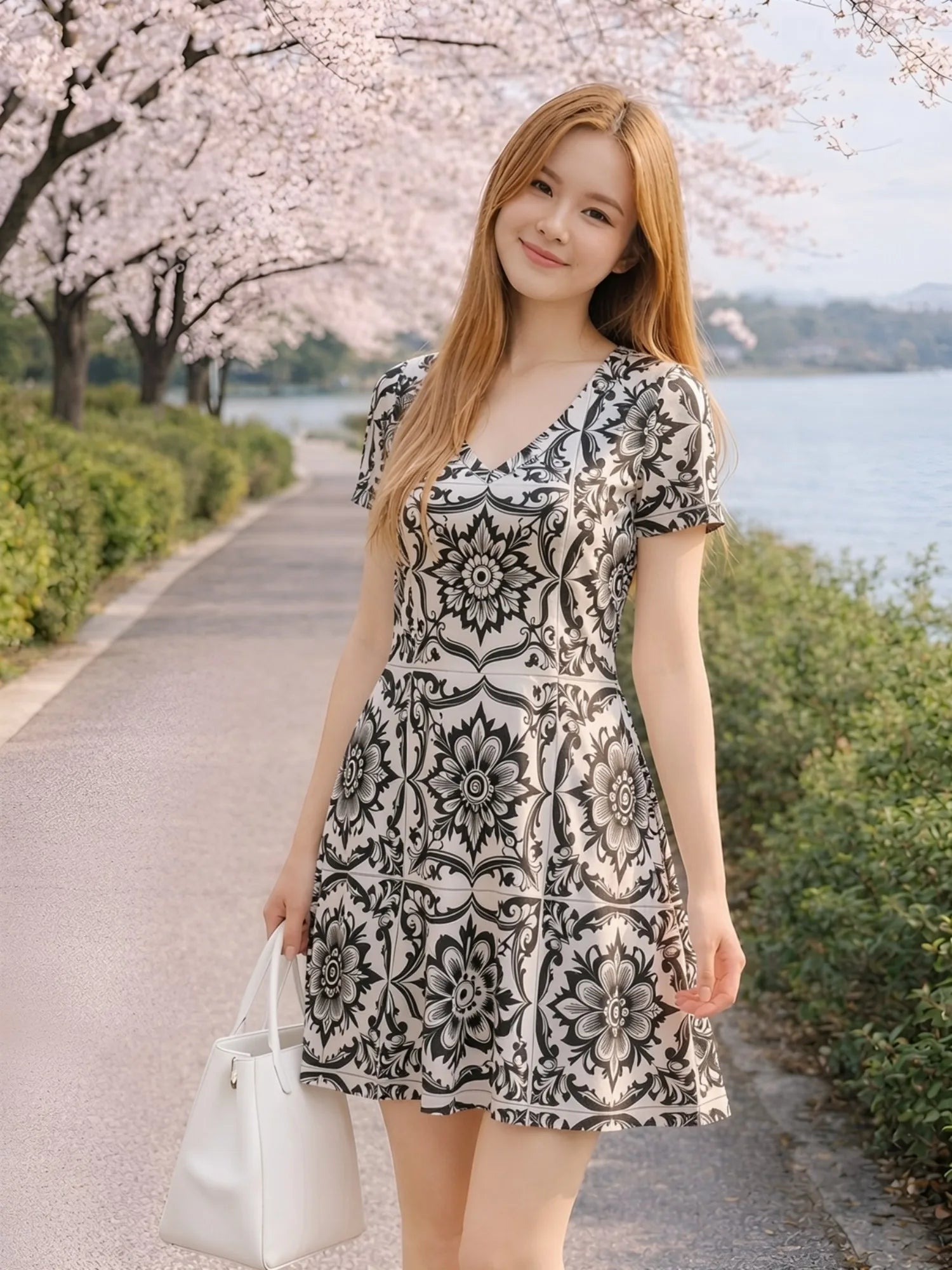 Damen-Swingkleid mit V-Ausschnitt und Blumendruck, lässiges Alltagsoutfit, luftig, weich, bequem, schick, schön, für jeden Tag, feminin, anmutig, einfach
