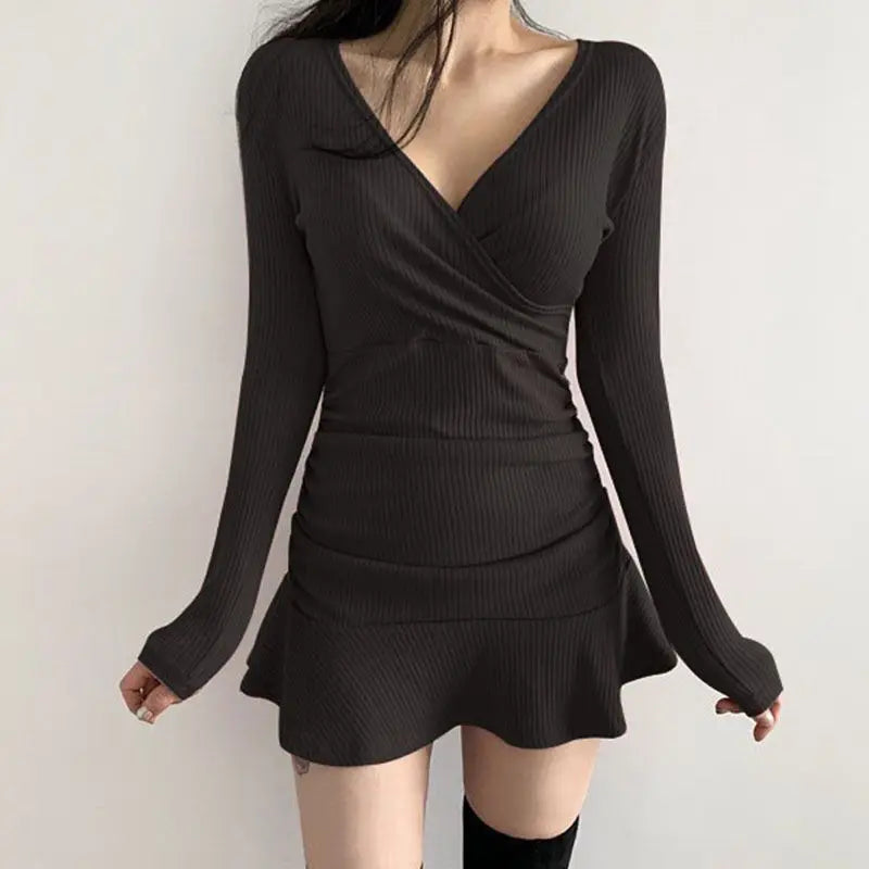 2025 neue V-ausschnitt Polyester Kleid Frau Sommer Mode Langarm Kleid frauen Kleid Lose Koreanischen Stil Frauen Shirts