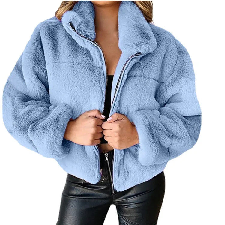 2025, Winter frauen Warme Jacke Zipper Strickjacke Faux Pelz Mode Langarm Stehen Kragen Plüsch Mantel für Weibliche