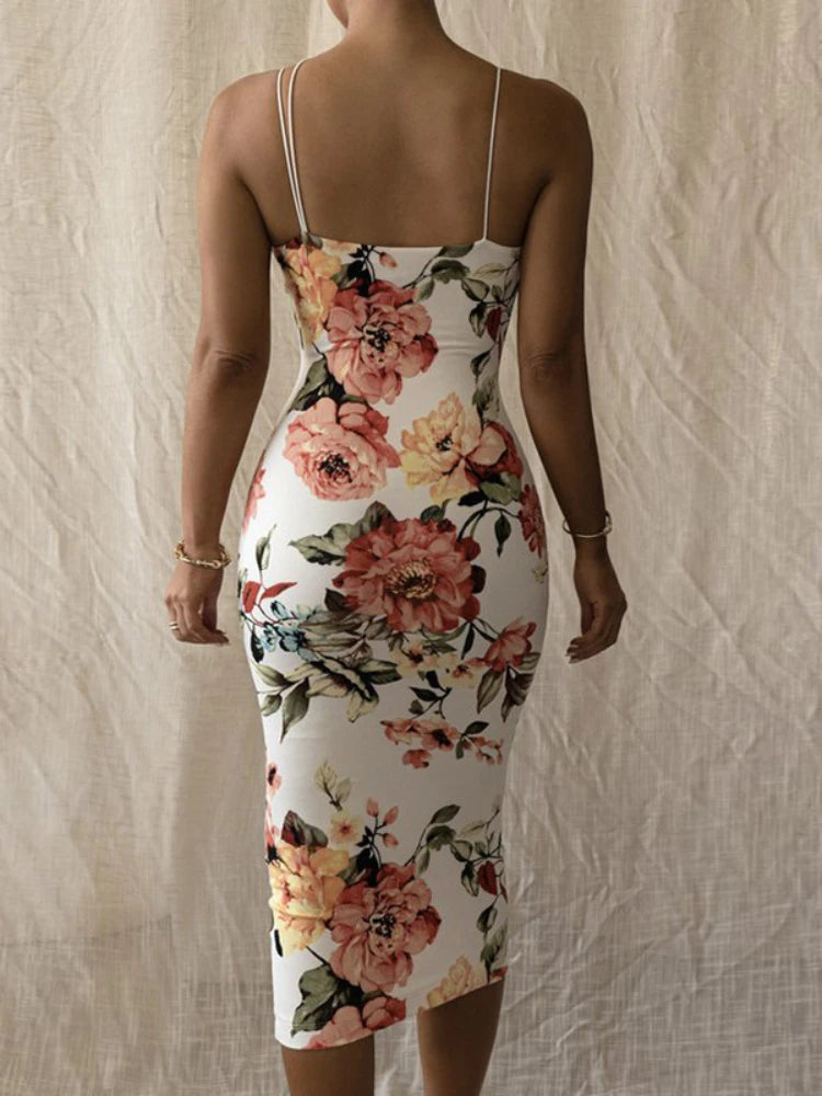Vintage Floral Print Schlank Bodycon Maxi Kleid Frauen Ärmellose Spaghetti Strap Dünne Lange Kleid Elegante Club Party Vestidos