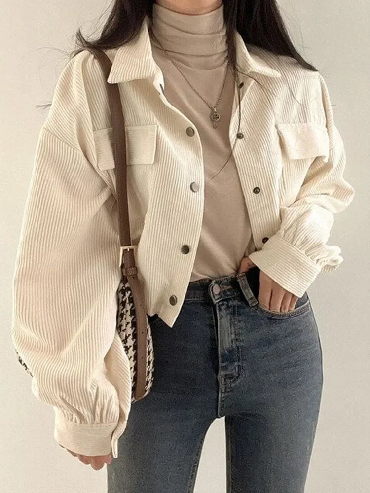 Frauen Vintage Cord Abgeschnitten Jacke Koreanische Mode Langarm Kordelzug Blusen Weibliche Lose Einreiher Mäntel Strickjacke