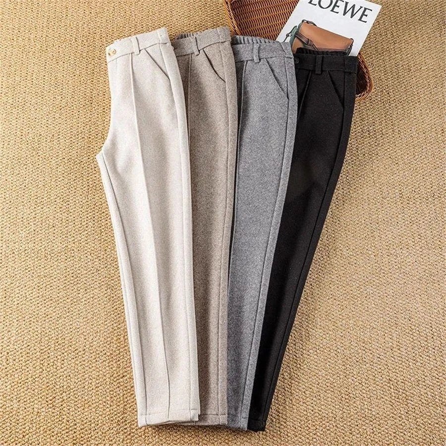 High Waist Wool Blend Pants Women Winter Thicken Plush Lined Harem Pantalones Office Casual Warm Ankle-length Woolen Spodnie