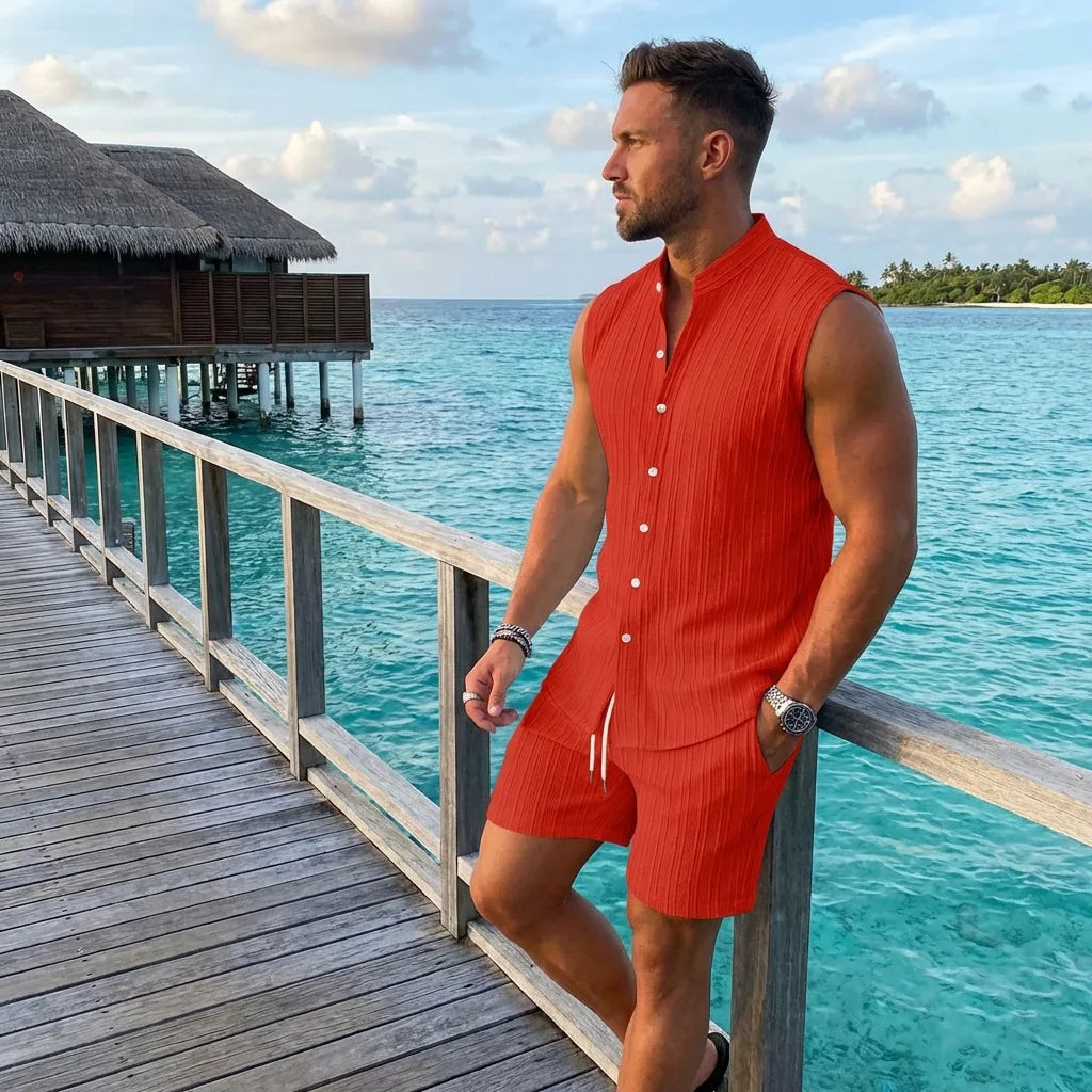 Sommer Neue Herren Mode Stehkragen Einfarbiges Besticktes Ärmelloses Hemd Shorts Set Lässige Strandkleidung