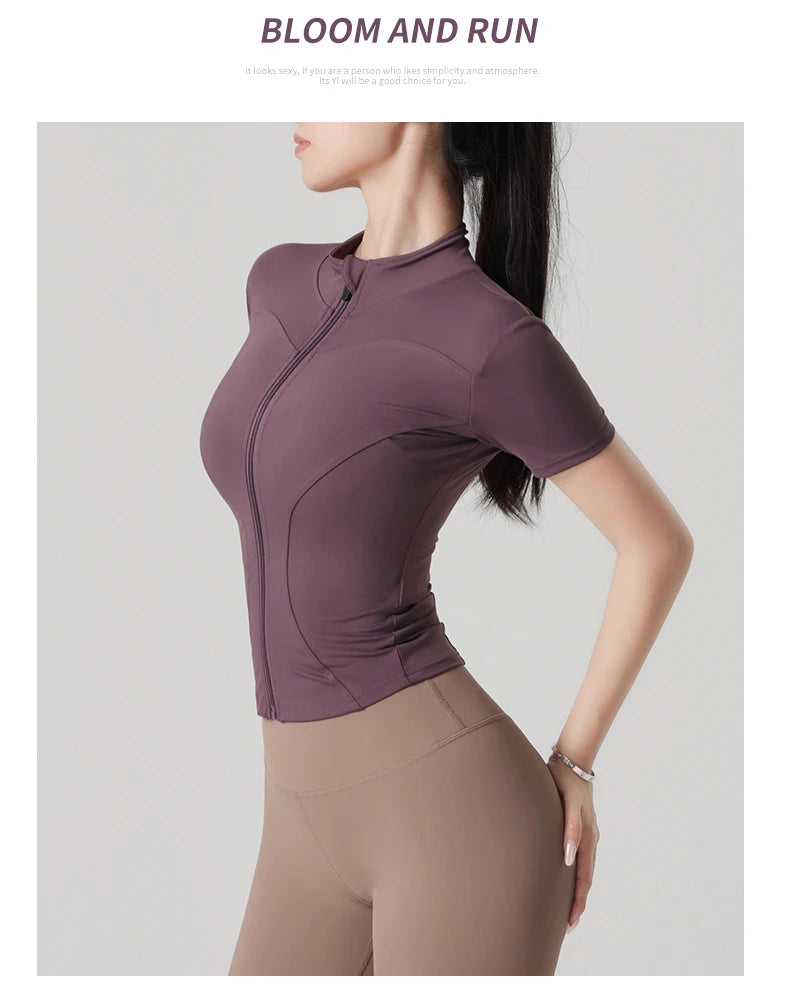 Woman yoga Jacket High Elastic Yoga Short Sleeve Coat Stand Collar Tight Sports Coat Naked Fitness Short Sleeve Female