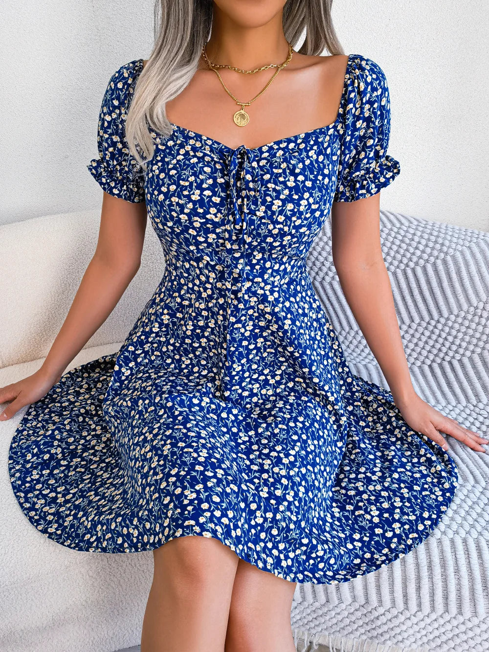 Sommer Blumendruck Kurzes Kleid Bufftrly Ärmel Retro Damenkleider Mode Lässig Square Neck Tunika Strandkleid Elegant Chic