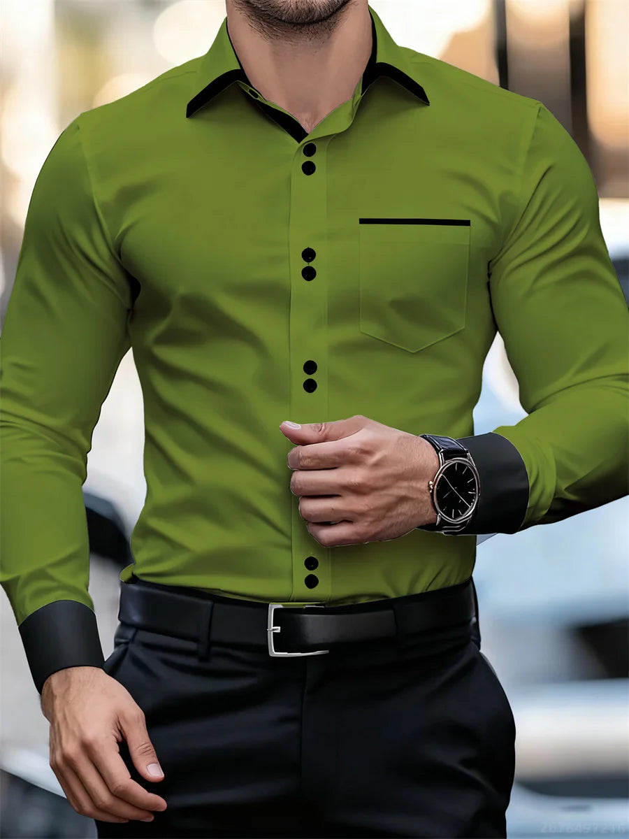 Herren-Business-Langarmhemd mit Farbblockkragen, schmale Passform, knitterfrei, schwarz-weißes Patchwork-Hemd, modisches Herrenoberteil