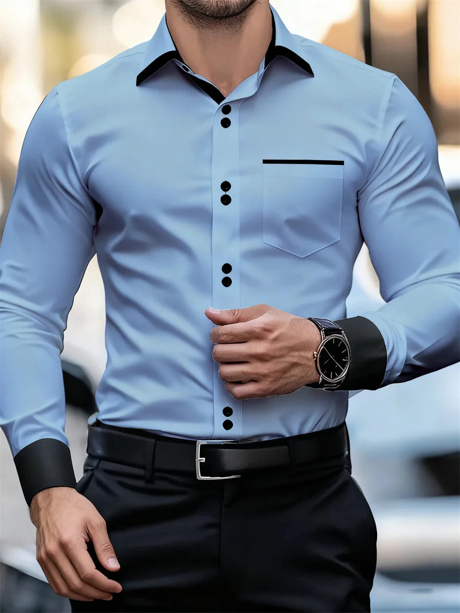 Herren-Business-Langarmhemd mit Farbblockkragen, schmale Passform, knitterfrei, schwarz-weißes Patchwork-Hemd, modisches Herrenoberteil
