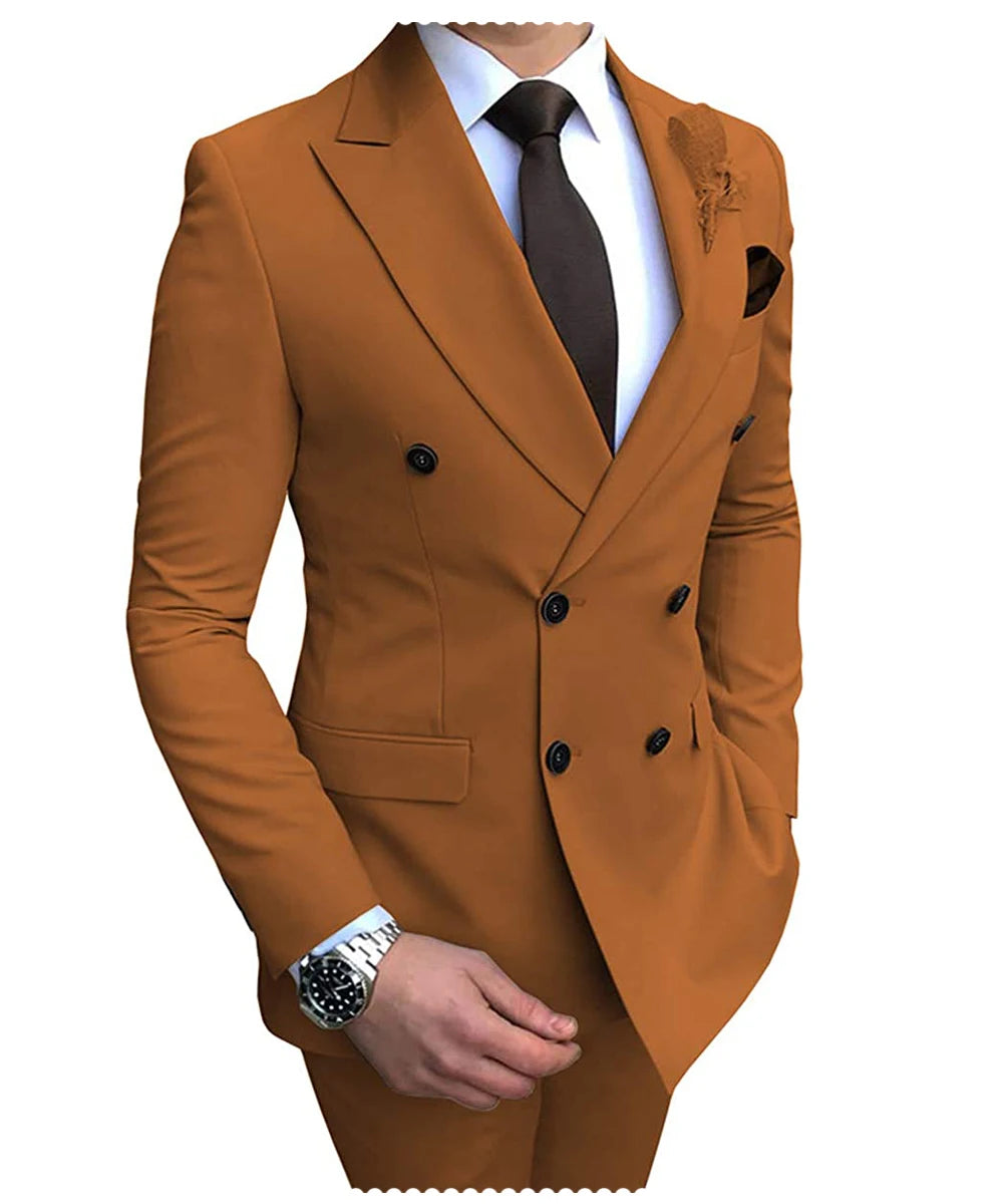 2024 Neuer beigefarbener Herrenanzug, 2-teilig, zweireihig, Reverskragen, flach, schmale Passform, lässiger Smoking für Hochzeit (Blazer + Hose)