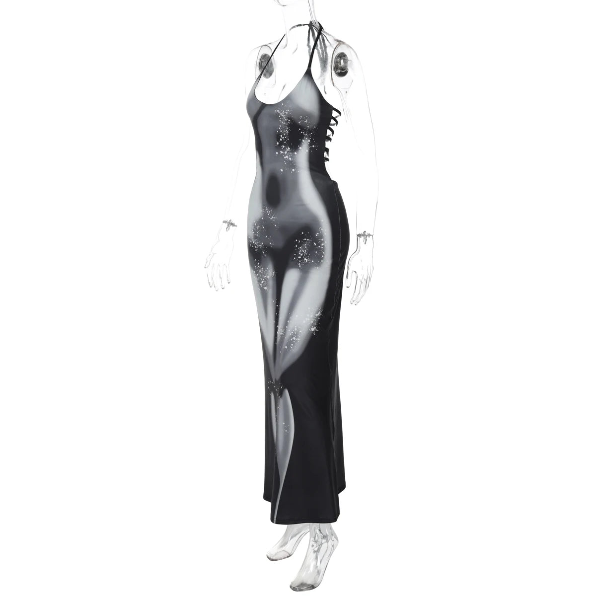 Hugcitar 2025 Frühling Halter Print Halter-Backless Verband Gürtel Sexy Bodycon Maxi Kleid Frauen Mode Outfits Streetwear Festival