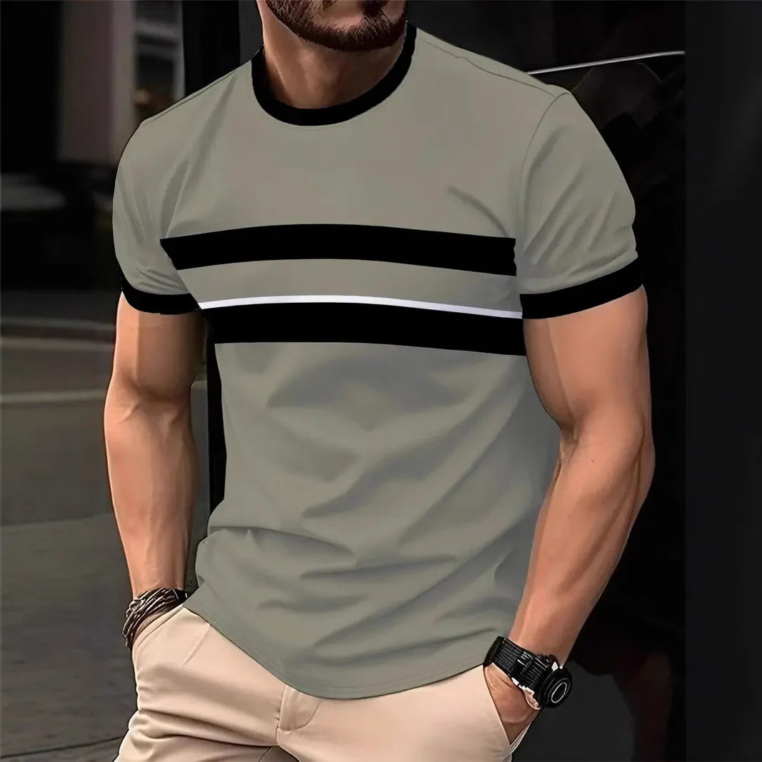 2025, Sommer Herrenmode, 3D-T-Shirt, Spleißen, bedruckt, Farbblockierung, lässig, schlank, kurzärmelig, Outdoor-Sport, Laufen, Fitness