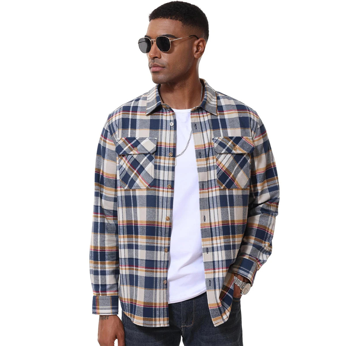 MAGCOMSEN Flanellhemden für Herren, langärmelig, Baumwolle, langärmelig, kariertes Hemd mit 2 Taschen, Knopfleiste, lässiges Cordhemd für Herren