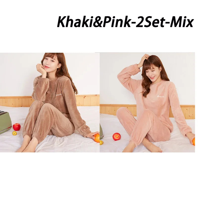 2024 Winter Pyjamas Warme Flanell Frauen Dicke Freizeit Tragen Einfachheit Korallen Samt Langarm Feste Nachtwäsche Pyjamas Set