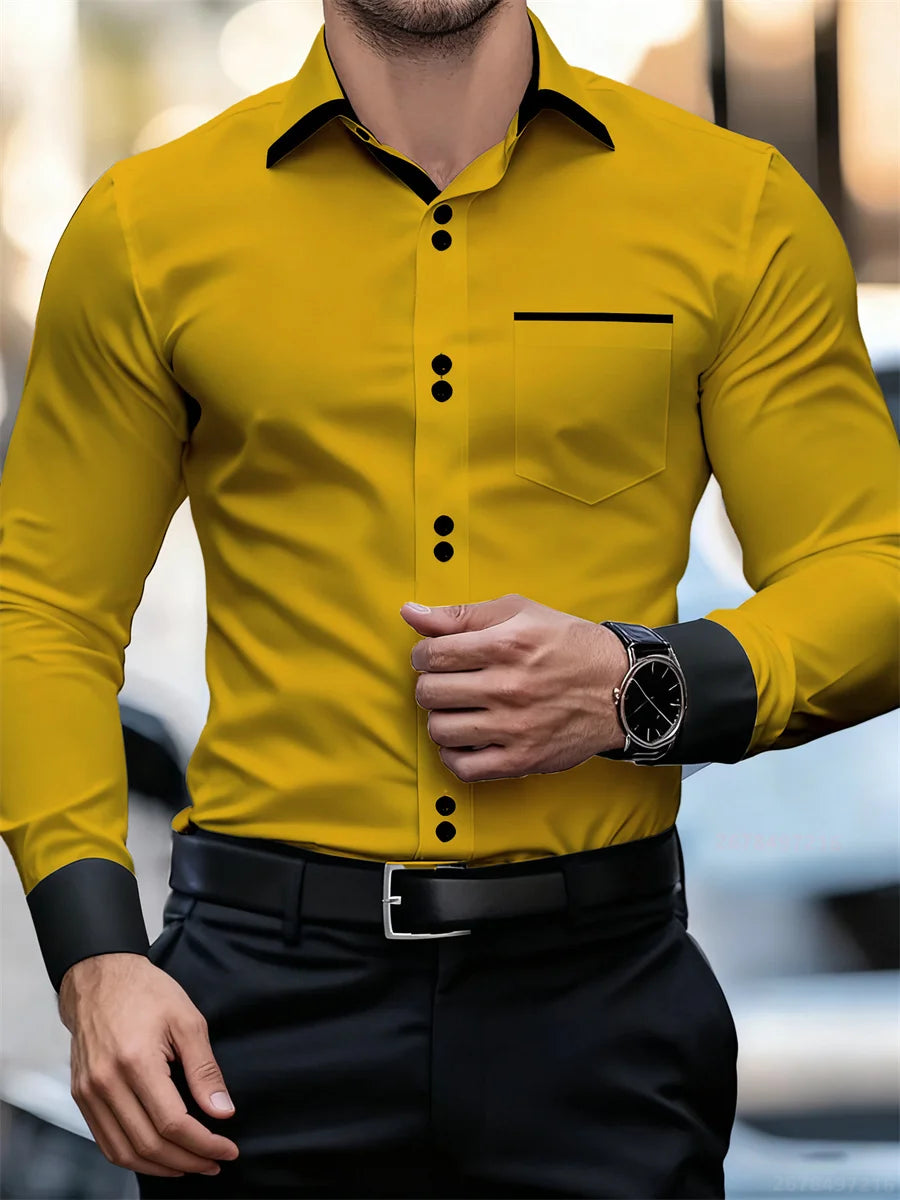 Herren-Business-Langarmhemd mit Farbblockkragen, schmale Passform, knitterfrei, schwarz-weißes Patchwork-Hemd, modisches Herrenoberteil