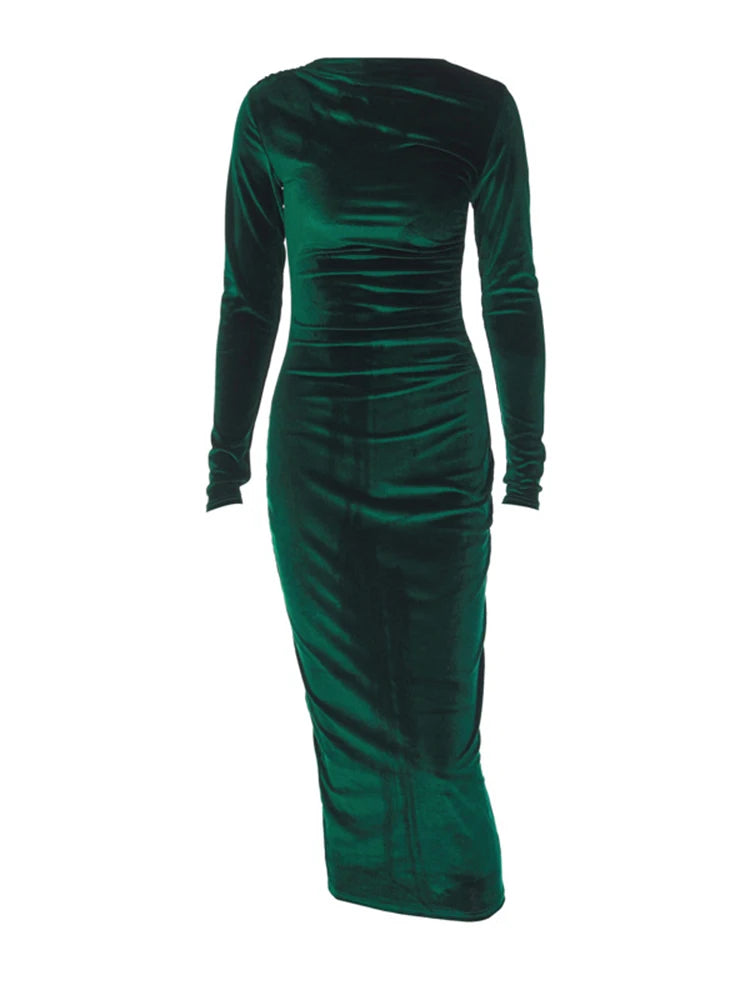 Dulzura 2024 Frühling Sommer Samt Langarm Midi Kleid Für Frauen Geraffte Lange Kleid Elegante Party Kleidung Abend Grün Outfits