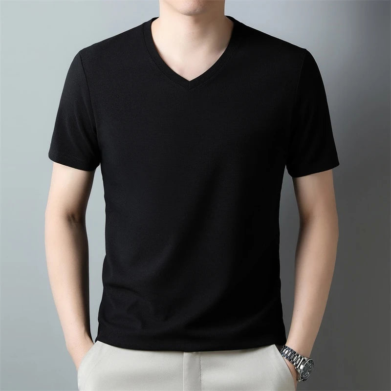 2024 Herren Neues Waffel-T-Shirt mit V-Ausschnitt und kurzen Ärmeln, Sommer, bequemes Oberteil