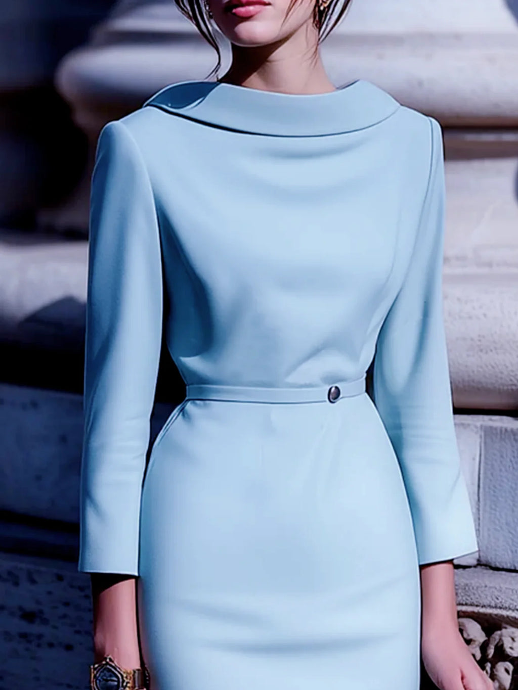Elegantes, einfarbiges Pendelparty-Kleid mit Umlegekragen, U-Boot-Ausschnitt hinten, V-Ausschnitt, Gürtel und mittellangen Ärmeln