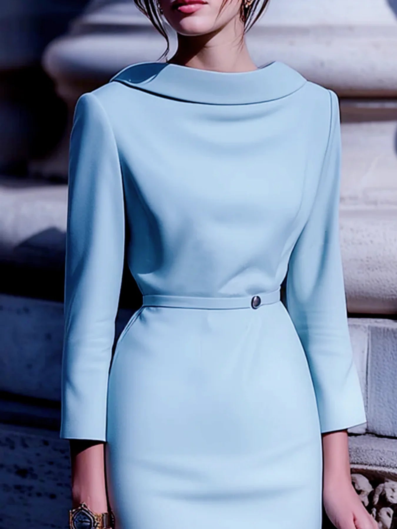 Elegantes, einfarbiges Pendelparty-Kleid mit Umlegekragen, U-Boot-Ausschnitt hinten, V-Ausschnitt, Gürtel und mittellangen Ärmeln