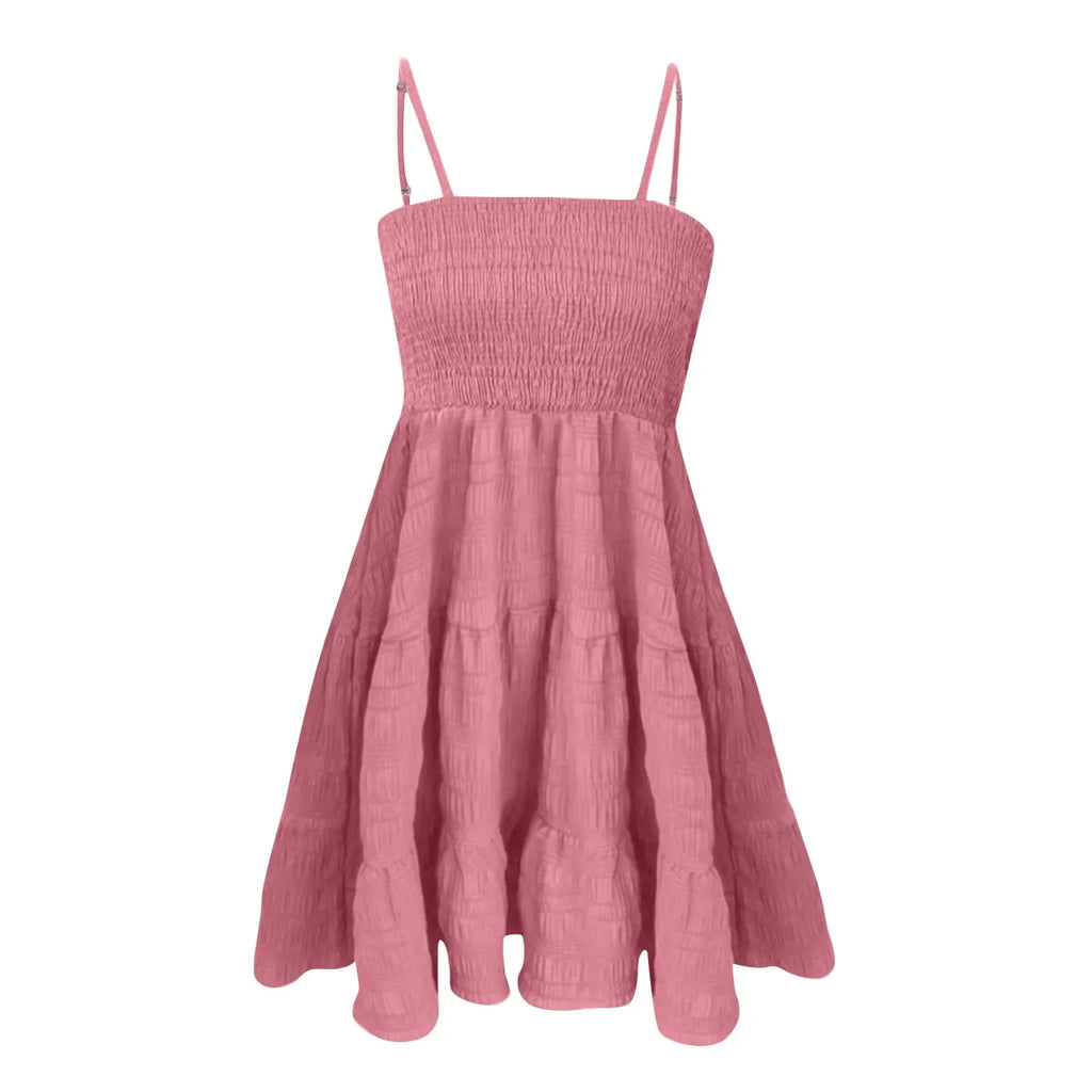 Bohemian Strand Sommerkleid Frauen Sexy Ärmellose Backless Große Schaukel Mini Kleid Solide Spaghetti Strap Rüschen Kleid Sommer Vestidos