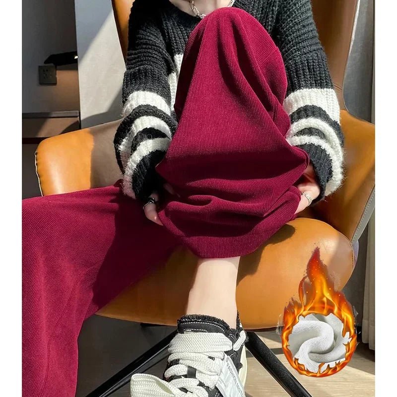Heißer Verkauf Winter Dame Schnee Warme Hosen Mädchen Klassische Fleece Hohe Taille Hose Frauen Gerade Bein Plüsch Thermische Casual Hosen