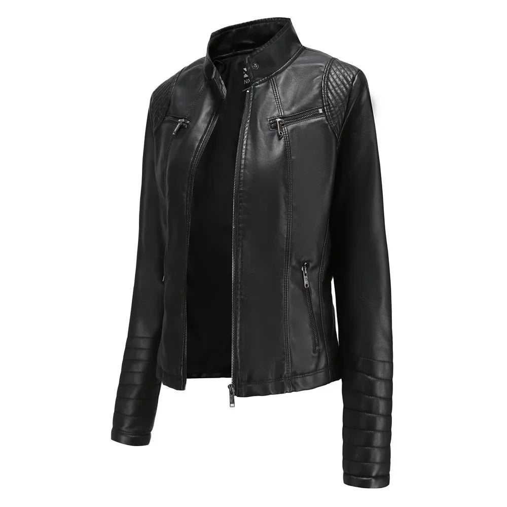 New 20 Women's Leather Jacket Thin Motorcycle Style Short Fashion Women's Jacket Stand Collar Full Sleeve from Mainland China