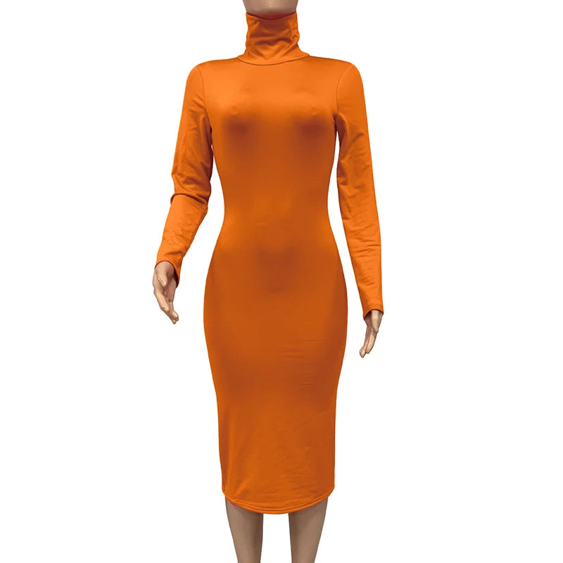 Winter Schwarz Rollkragen Sexy Frauen Kleid Herbst Langarm Dünne Midi Boydcon Casual Blau Plüsch Knie-Länge Party