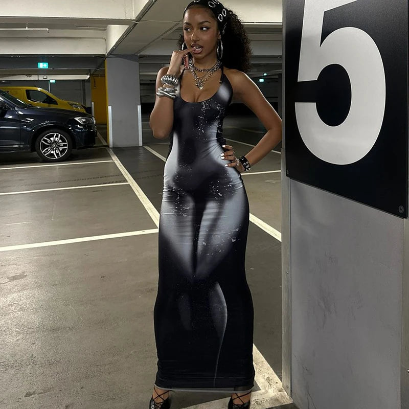 Hugcitar 2025 Frühling Halter Print Halter-Backless Verband Gürtel Sexy Bodycon Maxi Kleid Frauen Mode Outfits Streetwear Festival