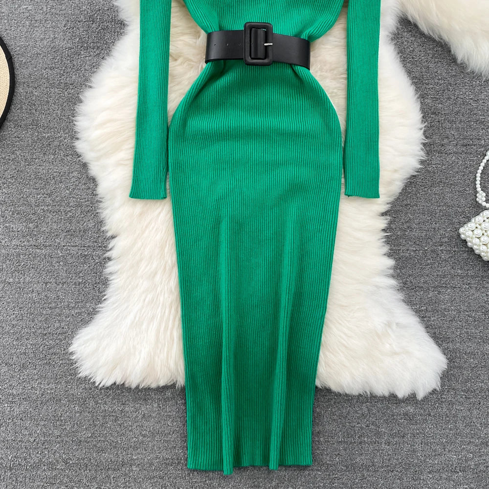 REALEFT Herbst Winter 2025, neue Rollkragen frauen Gestrickte Kleider mit Gürtel Langarm Elegante Bodycon Wrap Kleid Weibliche
