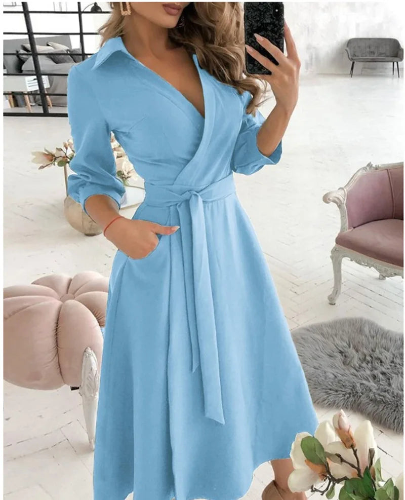 Herbst Neue Casual frauen Mode Lange ärmeln V-ausschnitt Gedruckt Muster Mid-länge Elegante Gedruckt frauen Kleid
