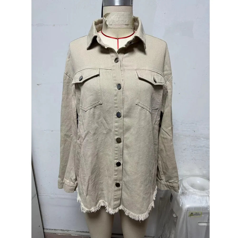 Gewaschene Denim Jacke Frauen Herbst Quaste Revers Jeans Jacke Weibliche Casual Lose Langarm Einreiher Oberbekleidung Shirts Mantel