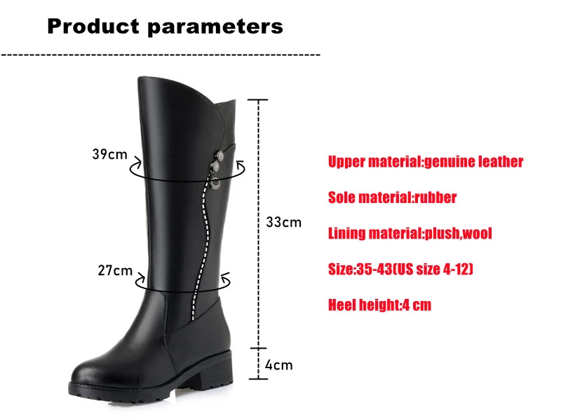 WOIZGIC Damen-Stiefel aus echtem Leder, für Damen, Plattform, Schnee, Wolle, Plüschfell, warm, Winter, mittlerer Absatz, Reißverschluss, Übergröße 42 43