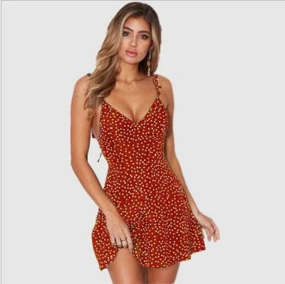 Sommer Frauen Kleider Sommer Sexy Kleid Damen Hohe Taille Dot Druck Mini Kleider Vestidos Zurück Schnürung Straps Rückenfreies Kleid