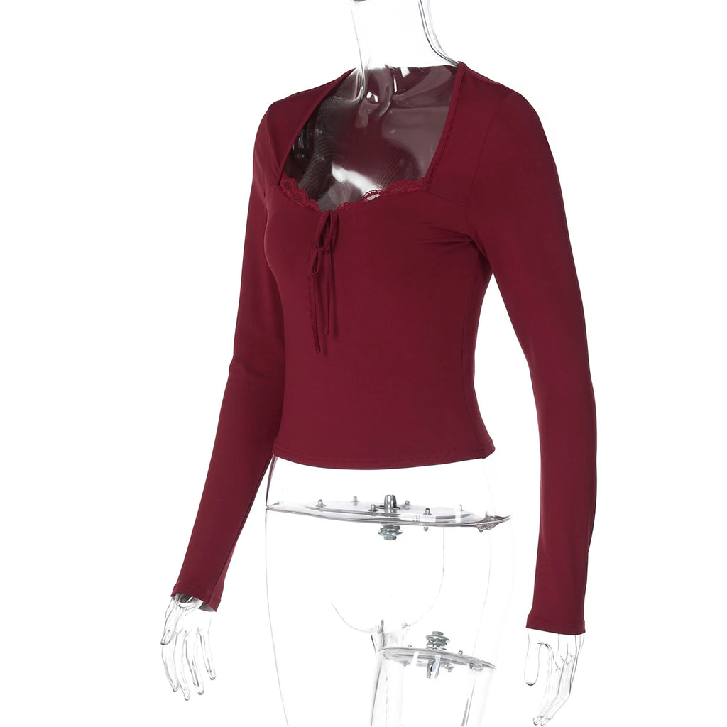 Dulzura 2025 Herbst Neueste Mode Sexy Quadrat Kragen Langarm Schlank Spitze Up Spitze Rüschen Patchwork T-Shirt Party Club Kleidung